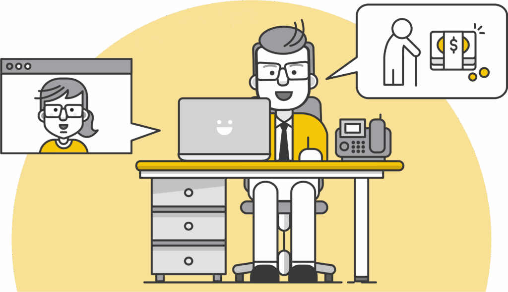 Grafik: Mann sitzt an Schreibtisch mit zwei Sprechblasen